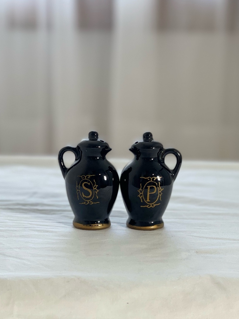 Vintage Black Ceramic Salt & Pepper Cruet Set with Gold Accents